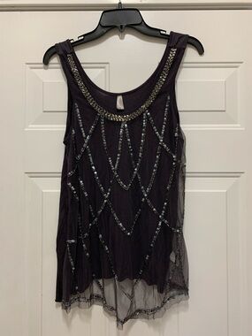 3/$15 Vanity Charcoal Sequin Mesh Tank Top with Beaded Neckline Size Large